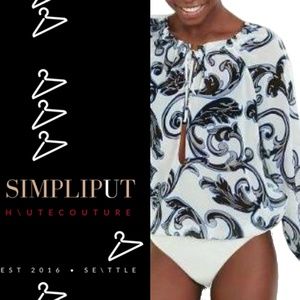 EXPRESS Tie Neck Sheer Blouse Bodysuit Deep V Neck